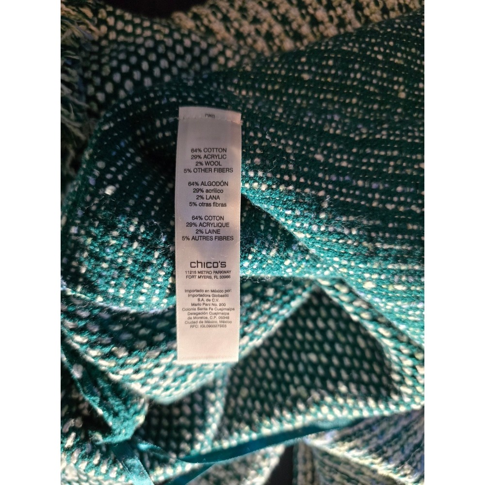 Chico's Pacific Teal Fringe Tweed Cardigan Jacket Knit Women's Size 4 - Picture 10 of 10
